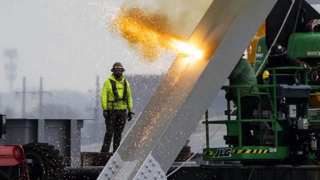 Workers are seen in the beginning stages of dismantling the steel from the frame of the collapsed Francis Scott Key Bridge, using an exothermic cutting torch, April 4, 2024, in Baltimore. (Kaitlin Newman/The Baltimore Banner via AP) Workers are seen in the beginning stages of dismantling the steel from the frame of the collapsed Francis Scott Key Bridge, using an exothermic cutting torch, April 4, 2024, in Baltimore. (Kaitlin Newman/The Baltimore Banner via AP)