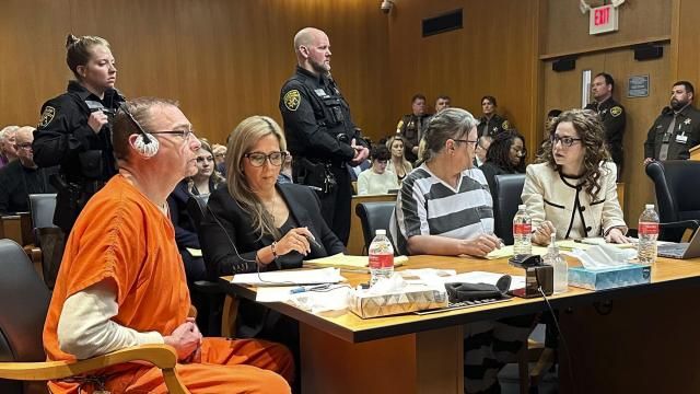 From left, James Crumbley, defense lawyer Mariell Lehman, Jennifer Crumbley, and defense lawyer Shannon Smith await sentencing in Oakland County, Mich., court on Tuesday, April 9, 2024. The Crumbleys were convicted of involuntary manslaughter for a school shooting committed by their son in 2021. (AP Photo/Ed White) From left, James Crumbley, defense lawyer Mariell Lehman, Jennifer Crumbley, and defense lawyer Shannon Smith await sentencing in Oakland County, Mich., court on Tuesday, April 9, 2024. The Crumbleys were convicted of involuntary manslaughter for a school shooting committed by their son in 2021. (AP Photo/Ed White)