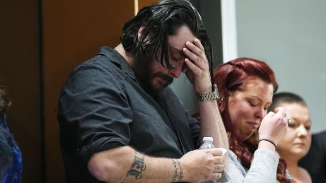 Devon Vestal, front, and his wife, Jess, react as they listen during a news conference to announce plans to sue the Littleton, Colo., school district for abuse suffered by their autistic child while riding the bus to class Tuesday, April 9, 2024, in Denver. (AP Photo/David Zalubowski) Devon Vestal, front, and his wife, Jess, react as they listen during a news conference to announce plans to sue the Littleton, Colo., school district for abuse suffered by their autistic child while riding the bus to class Tuesday, April 9, 2024, in Denver. (AP Photo/David Zalubowski)