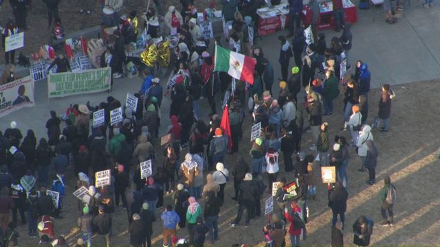 Sky 5 flies over downtown Raleigh protest amid Donald Trump's inauguration