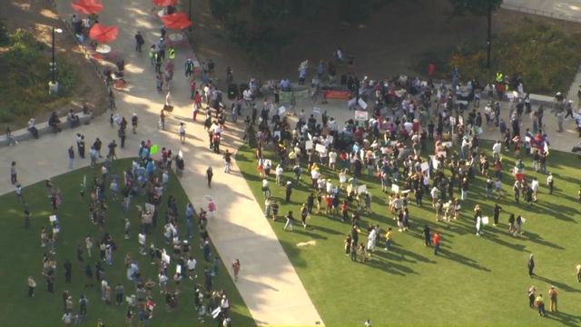Sky 5 flies over immigration protest in downtown Raleigh