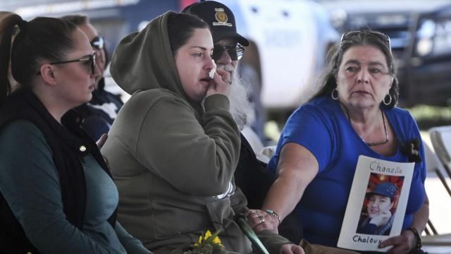Angelika Steadman, right, reaches over to comfort Samantha Naranjo, whose grandmother Dorothy Tardif, was among the bodies found at the Return to Nature Funeral Home and Steadman's daughter, Chanelle Chaloux, has yet to be found, during a small ceremony before the start of demolition of the funeral home in Penrose, Colo., Tuesday, March 15, 2024. (Jerilee Bennett/The Gazette via AP, File)