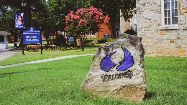 Rock with Falcons symbol outside of the Benson Building at Saint Augustine's University in Raleigh. 