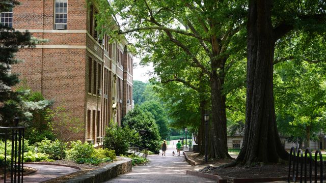 View of classroom buildings at the University of North Carolina at Chapel Hill. 