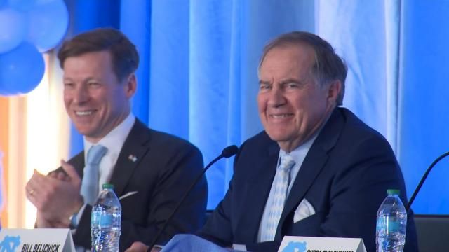 UNC Chancellor Lee Roberts and football coach Bill Belichick at Belichick's introductory press conference on Dec. 12, 2024.
