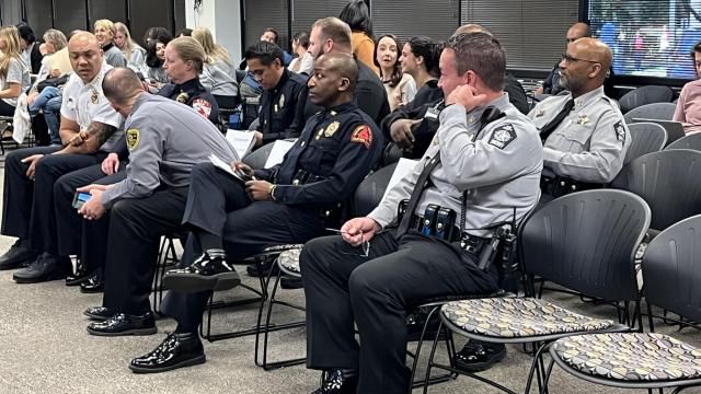 Law enforcement officers attended Tuesday night's Wake County school board meeting.
