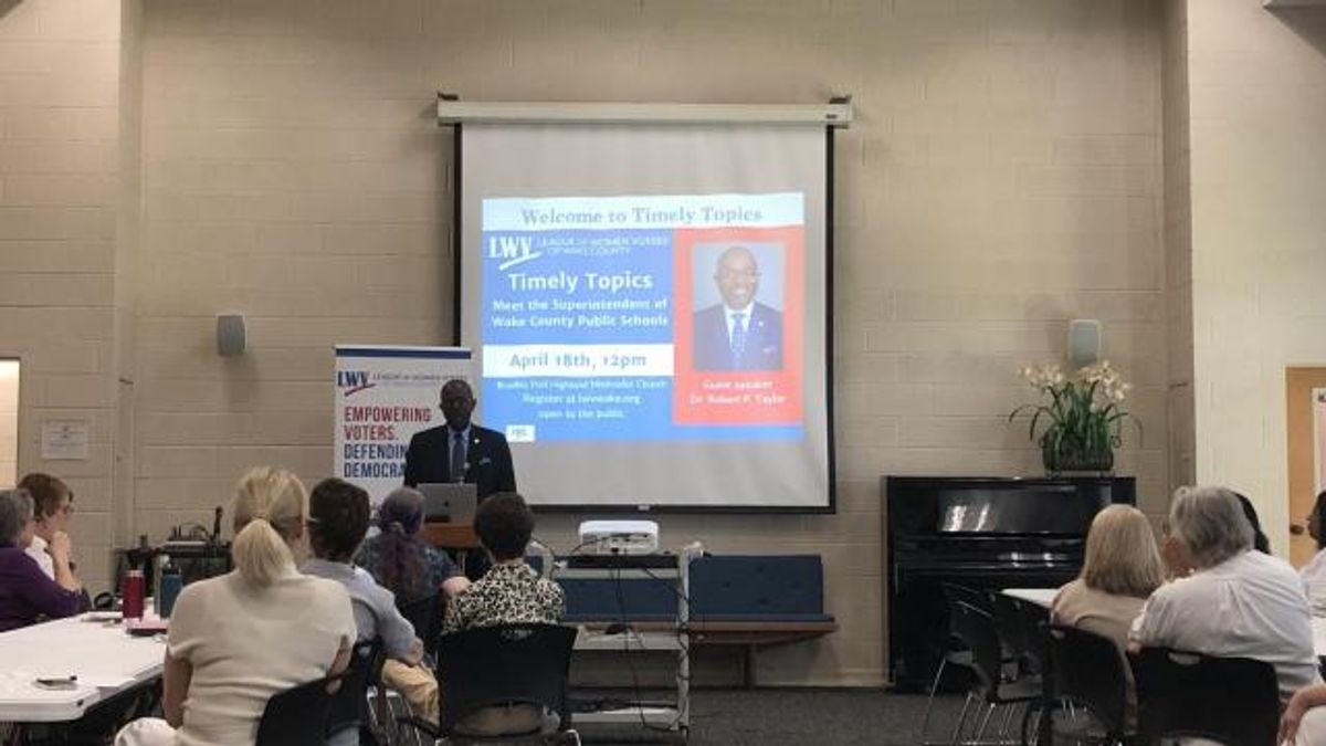 Wake County Public School System Superintendent Robert Taylor speaks to the League fo Women Voters of Wake County, April 18, 2024