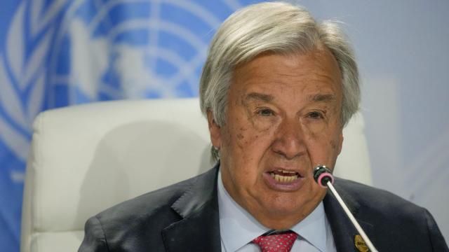 FILE - United Nations General Secretary António Guterres addresses a news conference during the BRICS summit in Johannesburg, South Africa, on Aug. 24, 2023. The United Nations chief warned Tuesday, Feb. 13, 2024, that climate chaos and food crises are increasing threats to global peace, telling a high-level U.N. meeting that climate disasters imperil food production and “empty bellies fuel unrest.” (AP Photo/Themba Hadebe, File) FILE - United Nations General Secretary António Guterres addresses a news conference during the BRICS summit in Johannesburg, South Africa, on Aug. 24, 2023. The United Nations chief warned Tuesday, Feb. 13, 2024, that climate chaos and food crises are increasing threats to global peace, telling a high-level U.N. meeting that climate disasters imperil food production and “empty bellies fuel unrest.” (AP Photo/Themba Hadebe, File)