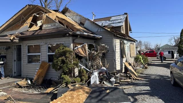 Joe Baker's damaged home in Valleyview, Ohio, on Saturday, March 16, 2024. Thursday night’s storms left trails of destruction across parts of Ohio, Kentucky, Indiana and Arkansas. (AP Photo/Patrick Orsagos) Joe Baker's damaged home in Valleyview, Ohio, on Saturday, March 16, 2024. Thursday night’s storms left trails of destruction across parts of Ohio, Kentucky, Indiana and Arkansas. (AP Photo/Patrick Orsagos)