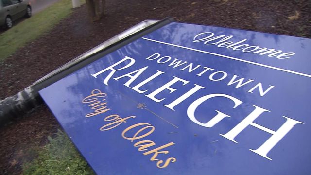 RAW: Car crashes, knocks out Raleigh welcome sign