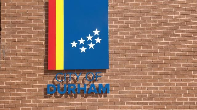 The City of Durham logo outside of Durham City Hall. Photo taken August 17, 2018. 
