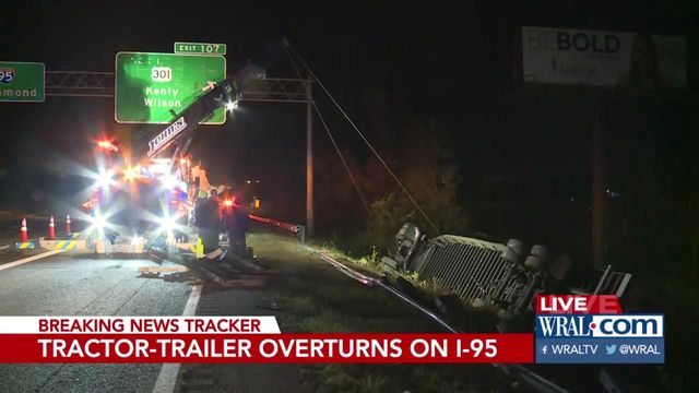 Overturned tractor trailer closes I-95 off ramp in Kenly