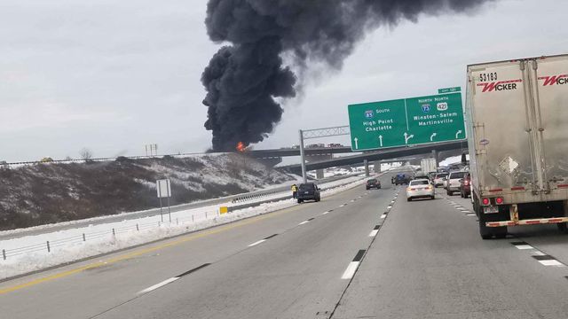 Viewer video: Truck flipped caught on fire on I-85 South 