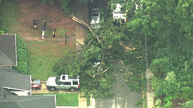 Sky 5 flies over downed tree in Raleigh neighborhood