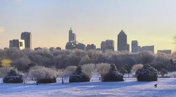 Snowy sunrise over the downtown Raleigh skyline