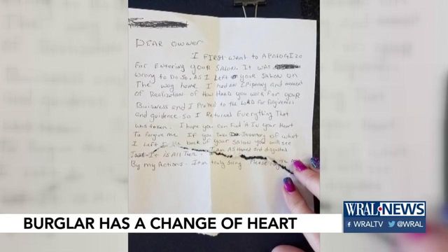 Burglar has change of heart and leaves apology note after robbing Dunn salon