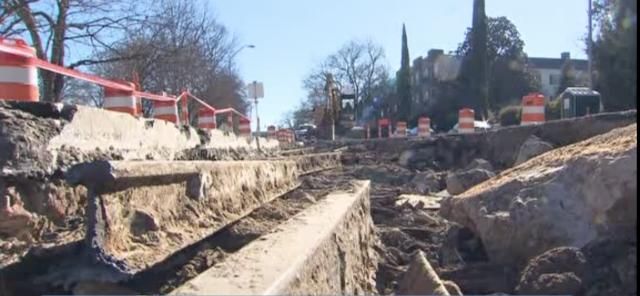 Trolley tracks down Glenwood Avenue from the early 1900's.