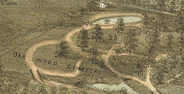 Map of old Raleigh shows Brookside Park and Lake George just north of Oakwood Cemetery.