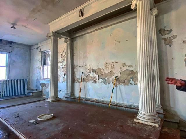 Original Masonic pillars on the stage where the Master Mason would sit. 