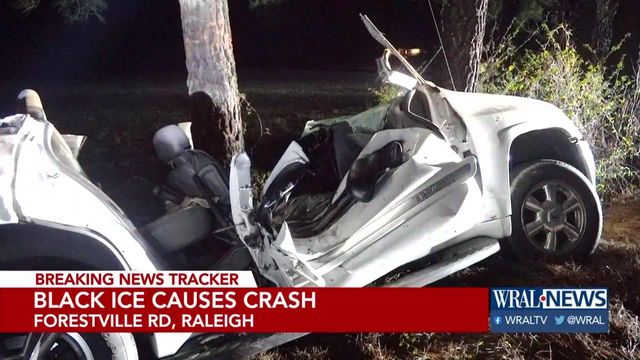 Car skids on black ice, crashes into tree in Raleigh