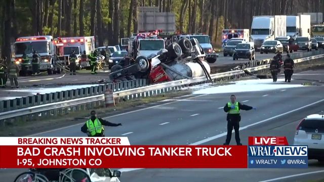 Overturned tanker closes part of I-95 in Smithfield