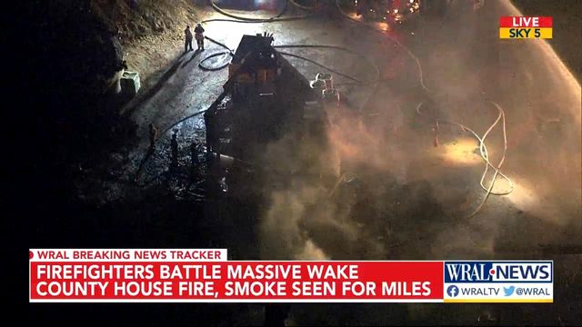 Sky5 flies over fire at home under construction in Wake County 