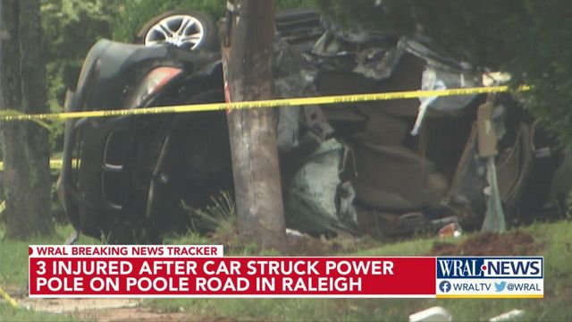 3 injured after car strikes power pole in Raleigh