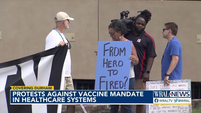 Protesters dispute vaccine science outside of Duke University Hospital