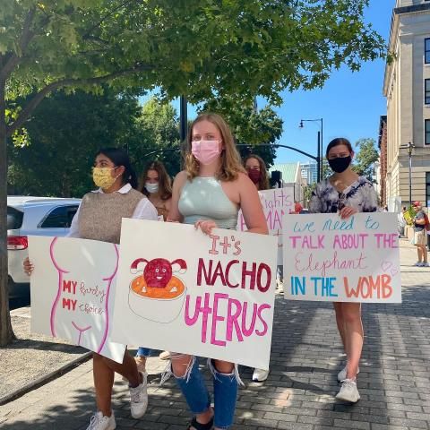 Around 1,000 people gathered to march at the Rally for Abortion Justice in downtown Raleigh on Friday. 