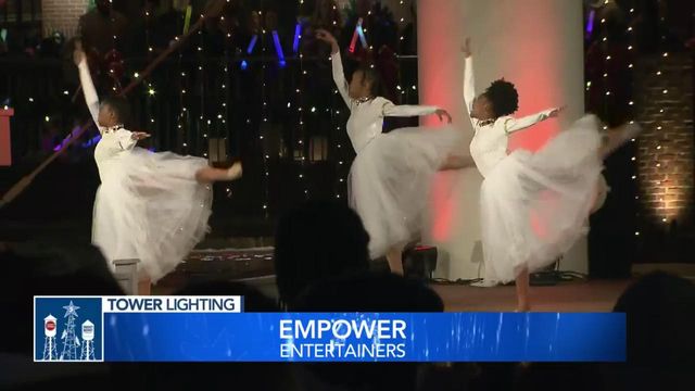 Local students perform angelic ballet to 'O Holy Night' live at American Tobacco tower lighting as part of the WRAL Tower Lighting special 