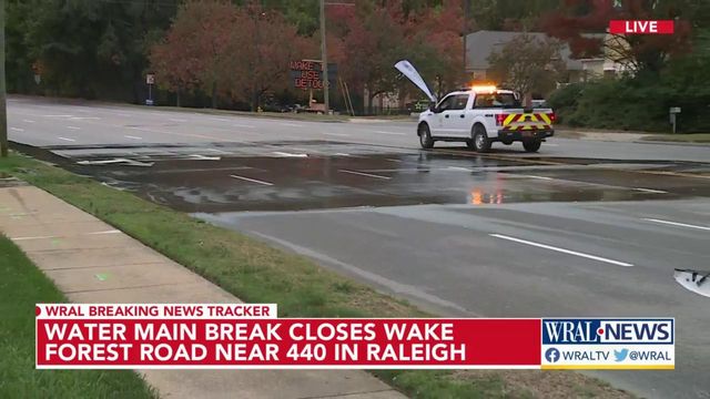 Water main break closes Wake Forest Road near I-440 in Raleigh
