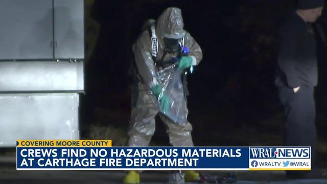 Hazmat crew investigates plastic bag outside Carthage town hall in Moore County 