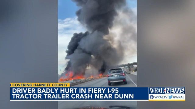 Fiery tractor-trailer crash shuts down I-95 in Harnett County near Dunn