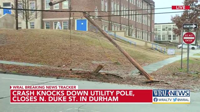 Crash knocks down utility pole, closes N Duke Street in Durham