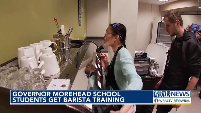 Visually impaired students getting barista training at Wake Tech
