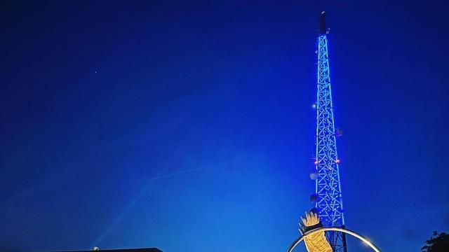 Raleigh skyline and WRAL Tower light up blue to honor National Police Week.