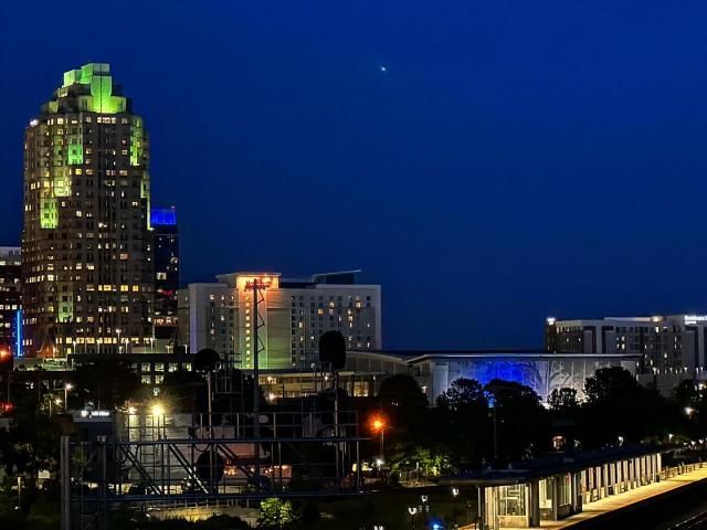 Raleigh skyline and WRAL Tower light up blue to honor National Police Week.