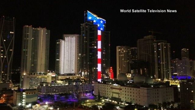 Worlds tallest digital American flag lights up Miami skyline for Memorial Day