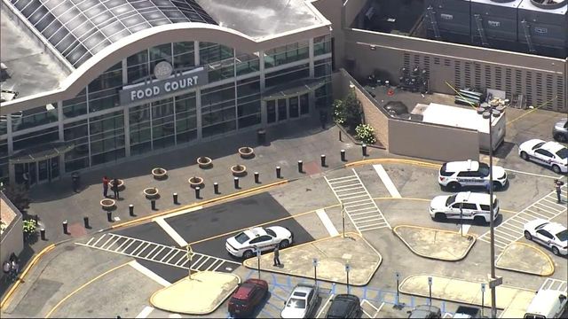 Sky 5 flies over mall in Fayetteville where a shot was fired