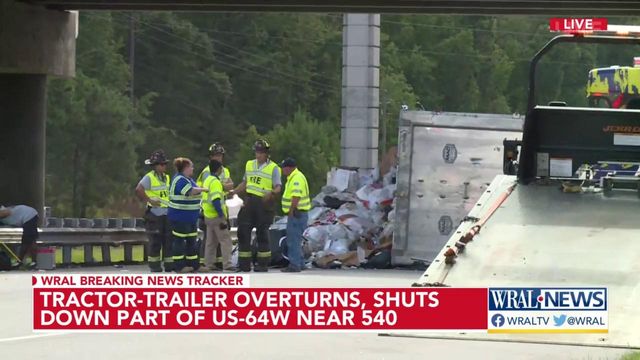 Tractor-trailer overturns, shuts down part of US-64 west near 540