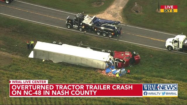 Overturned tractor-trailer crashes on NC 48 in Nash County