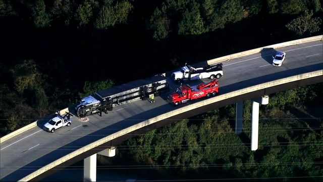 Sky 5 flies over tractor-trailer overturned on I-85 in Durham County