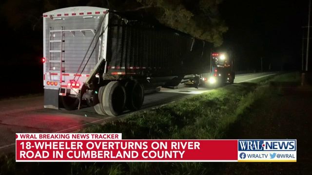 Tractor-trailer carrying soy beans overturns in Cumberland County
