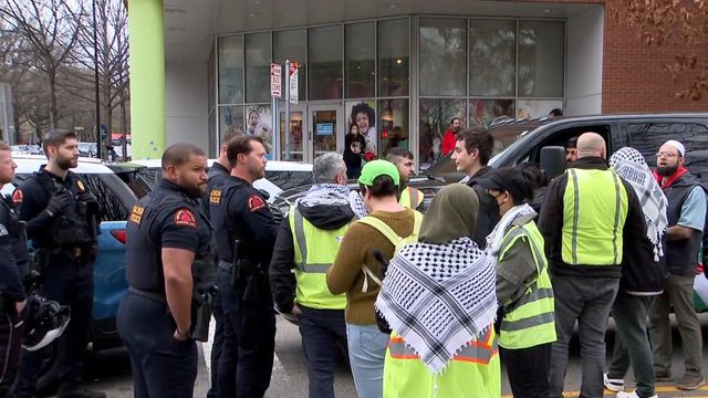 Pro-Palestinian protesters block traffic in downtown Raleigh
