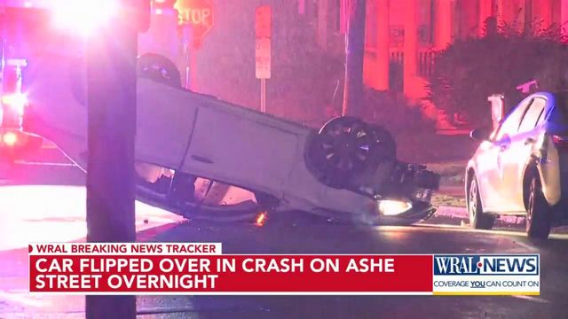 Car flips over after crashing on Ashe Avenue in Raleigh