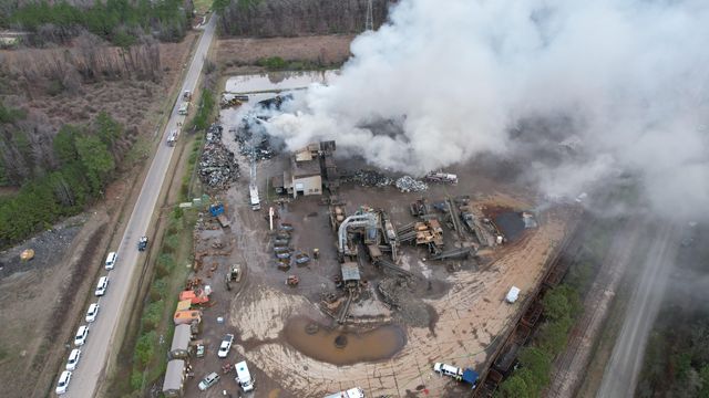 Drone video shows fire burning at Rocky Mount scrap yard