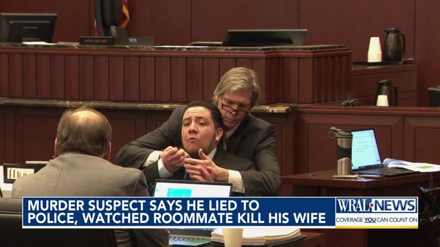 Murder suspect says he saw roommate stab his wife
