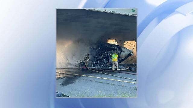Both lanes of US 74 near Highland Road in Scotland County were closed on Thursday after a boat caught on fire under a bridge. (NC DOT photo)