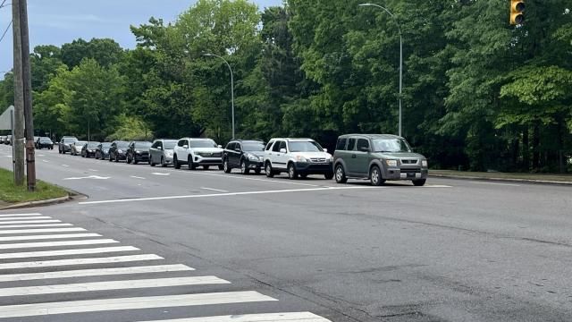 Cars lined up Wednesday, April 24, 2024, outside of Cary Magnet Middle School. The school was on lockdown.