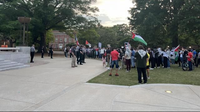 Thr protesters gathered at the NC State Memorial Belltower and are marching on campus.